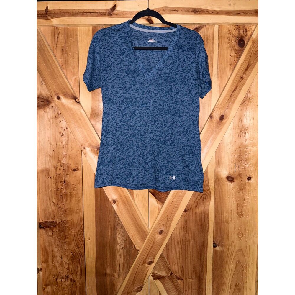 Under Armour Womens Large Blue Speckled HeatGear V-Neck Athletic T-Shirt Active